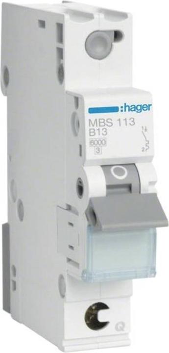 Hager MBS113. Nennstrom: 13 A, AC Eingangsfrequenz: 50/60 Hz. Typ: B-type, Module Menge (max): 1 Modul(e).