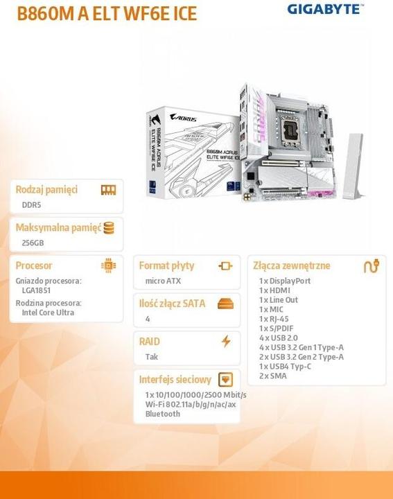 Produktbild Gigabyte B860M AORUS ELITE WIFI6E ICE (LGA 1851, Intel B860, mATX)