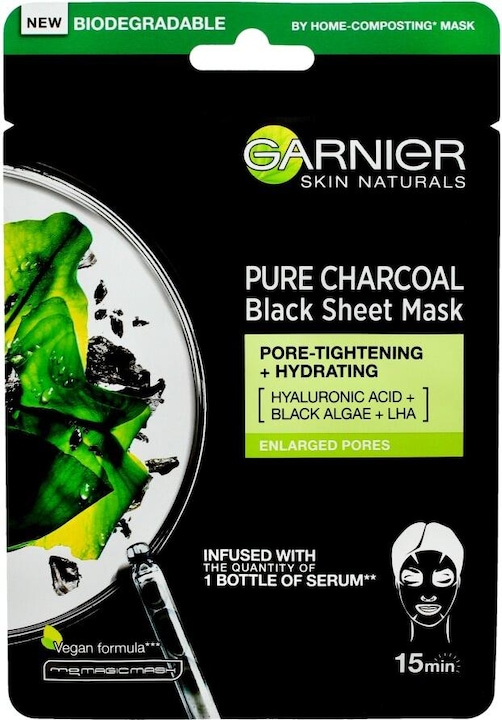 Actual product image Garnier ack Textile Mask With Seaweed Extract Pure Charcoal Skin Natura L S (Black Tissue Mask) 28 (28 ml)