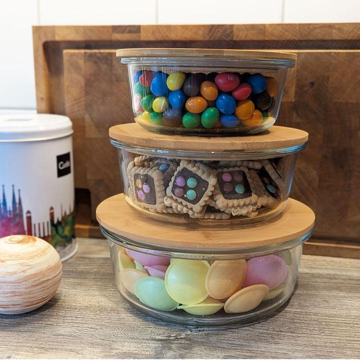 Actual product image Ideoon 6er-Set Hochwertige Vorratsdosen mit Deckel, rund, Glas/Bambus, 3 Grössen (0.63 l)