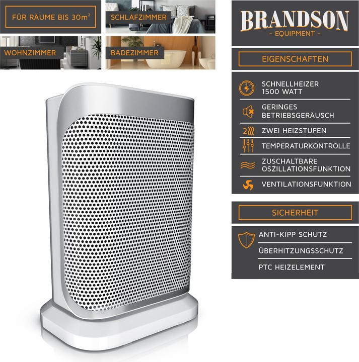 Produktbild Brandson Keramik Heizlüfter, Keramikheizlüfter mit Oszilationsfunktion, Bad Keramikheizgerät, weiss (1500 W)