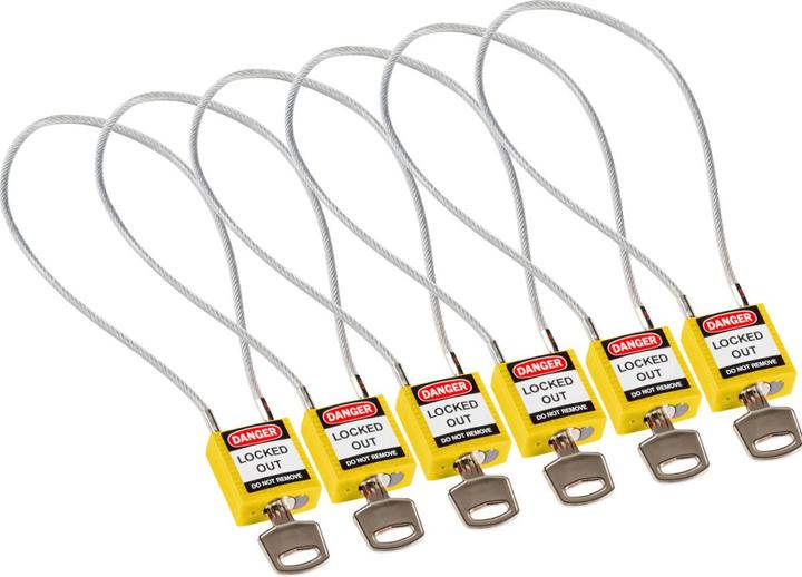 Brady kompaktes Sicherheitsschloss Nylon mit Kabelbügel, Gelb, 400mm Kabellänge, 4,7mm PVC-beschic