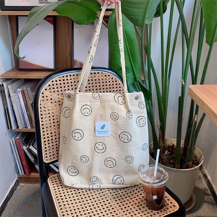 Immagine prodotto Only-Bags.Store Borsa Tote in velluto a coste retrò, borsa a tracolla con stampa del volto sorridente, borsa