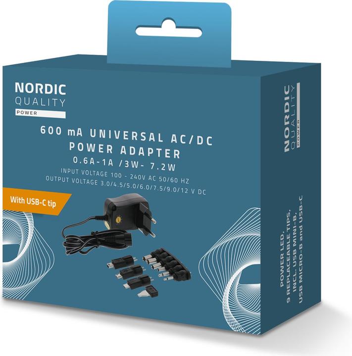 Actual product image Deltaco AC/DC universal plug-in adapter, 600mAh