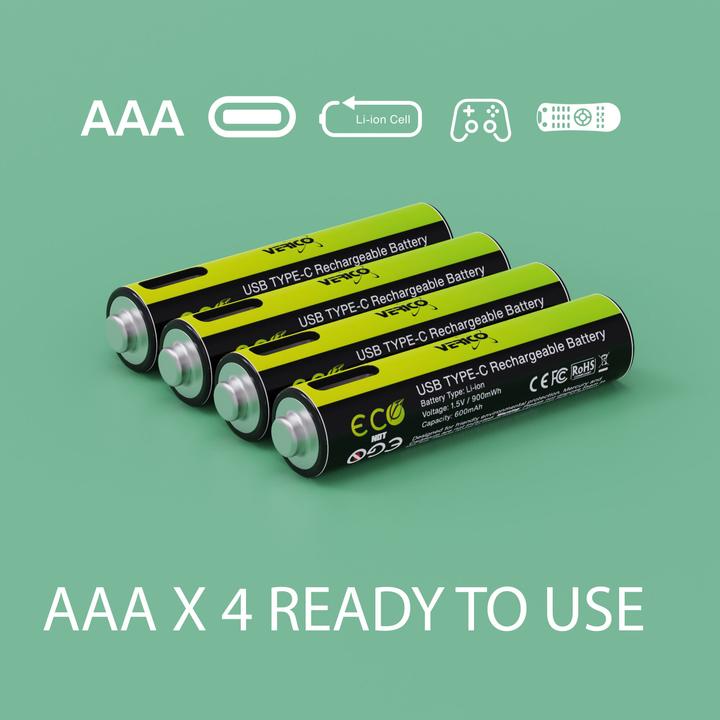 Image du produit Verico Batterie Li-Ion USB-C Micro AAA 1.5 V 900 mWh 600 mAh rechargeable par USB (4 pcs, AAA, 600 mAh)