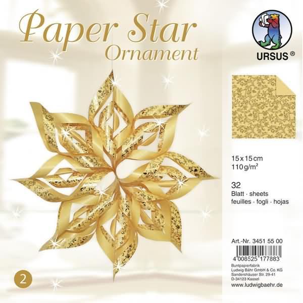 Ursus Papier Stern Ornament Set 2 110g/qm 15x15cm 32 Blatt gold