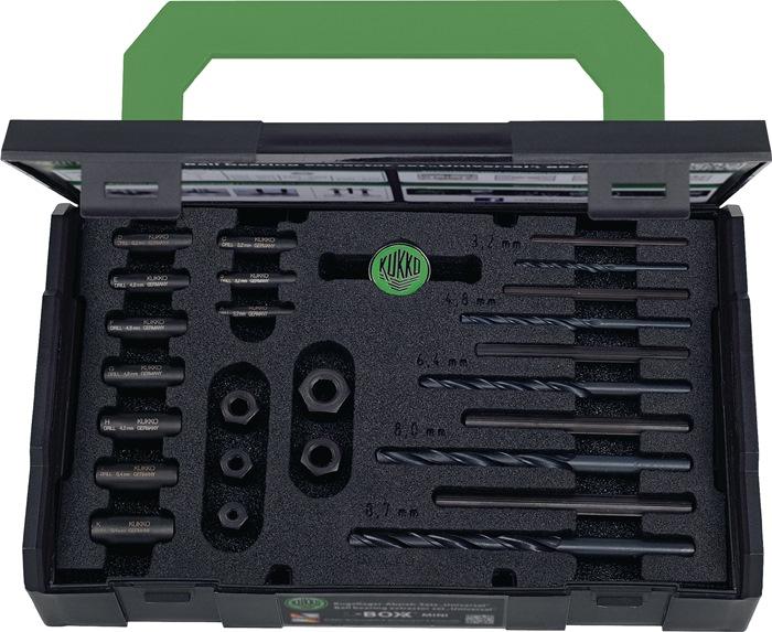 6,4, 13, 4,8, 11, 14, 8,0, 4,8 mm, 12 mm, 17 mm Profilstift 3,2, 4,8 mm, Bohrbüchse 13 mm, 6,4 mm Kasten mit Einlage, 3,2 mm, 10,0 mm, 25-teilig für Schrauben: M 5 - M 16, Aufsteckmutter SW 10, 8,6 mm Bohrbüchse 6 mm, 3,2 mm, 8 mm, 3,2 mm, 9 mm, 8,7 mm HSS-Spiralbohrer 3,2, 4,8 mm, 11 mm, 3,2 mm, Bohrbüchse 10 mm, 4,8 mm, 13 mm, 6,4mm, 14 mm
