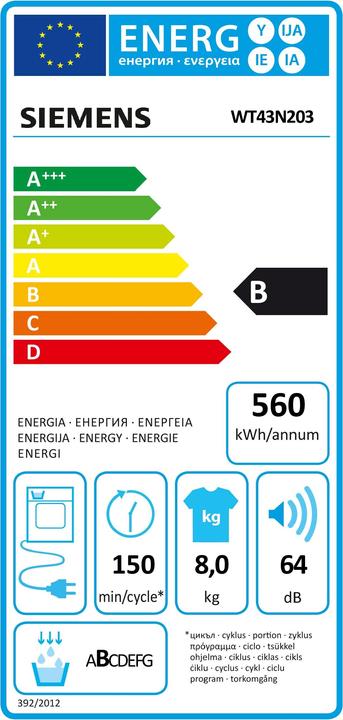 Energie-Label Siemens WT43N203 (8 kg, Rechts)