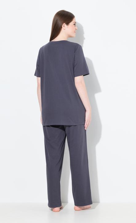Image du produit Ulla Popken Pyjama 2 pièces, pantalon + haut à fleurs avec broderie, décolleté rond et manches courtes (42, 44)