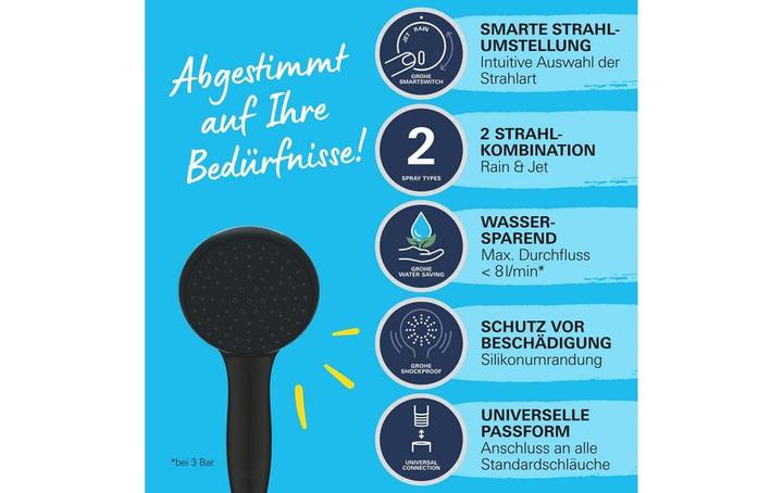 Image du produit Grohe Vitalio QuickFix Start 110 douchette à main, inverseur de jet intelligent, économie d'eau, 2 types (2 Types de jets, 7.40 l/min)