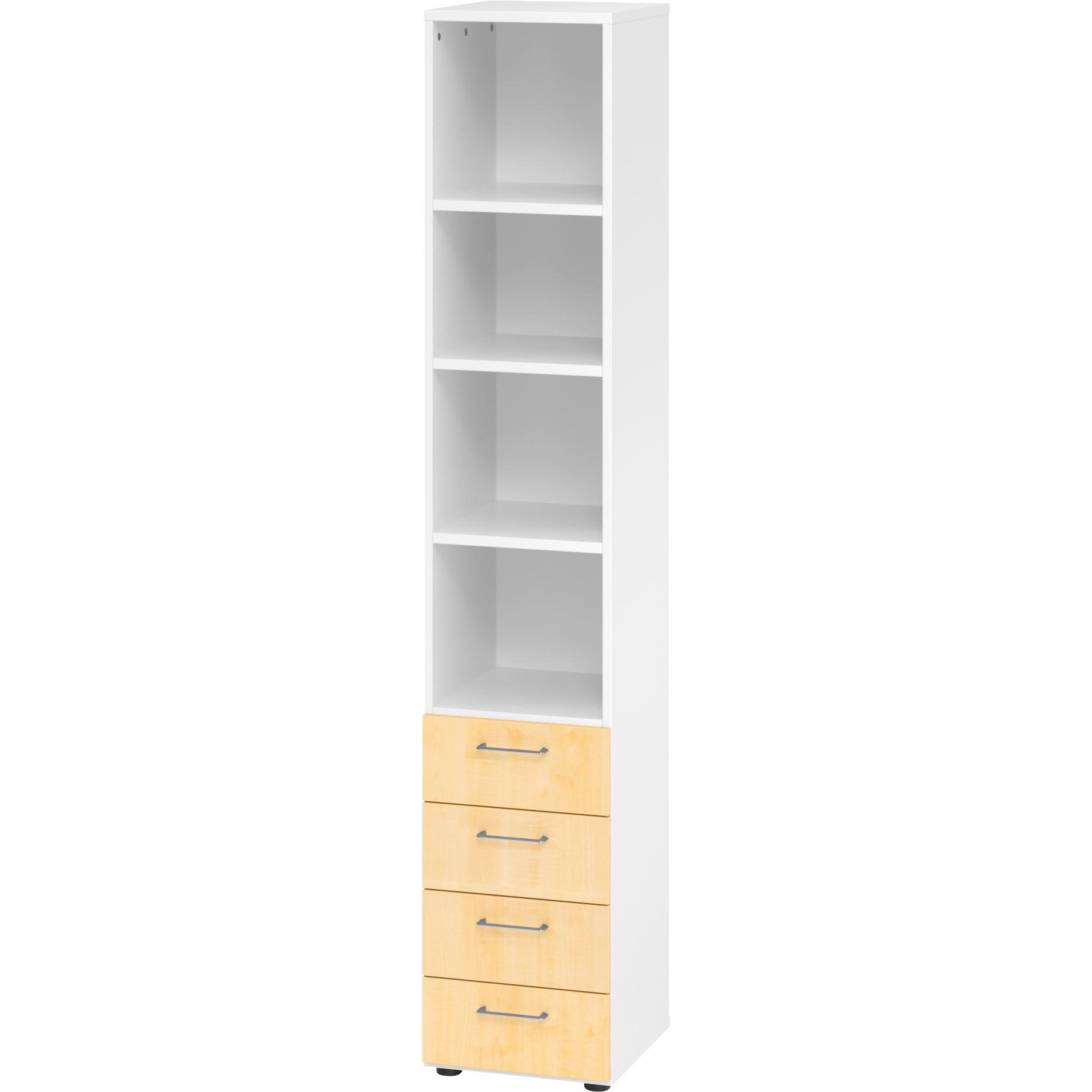 0, Aktenschrank, Regal 6OH, 4 Schübe, BS Weiss/Ahorn
