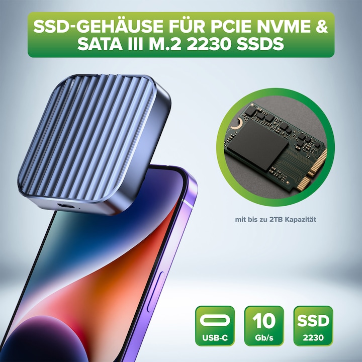 Produktbild InLine Clip Case - Magnetisches USB-C Gehäuse für SATA III & NVMe M.2 2230 SSDs (M.2 2230)