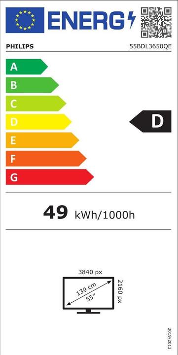 Etichetta energetica Philips Display per segnaletica 55BDL3650QE/00 55", UHD, 18/7, 350cd/m², Android (3840 x 2160 pixel, 54.60")