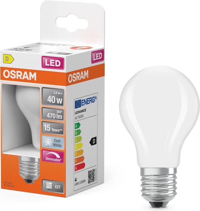 Actual product image Osram LED Superstar Classic A 40 Filament DIM 3.4W 840 Frosted E27 (E27, 470 lm, 6 x)