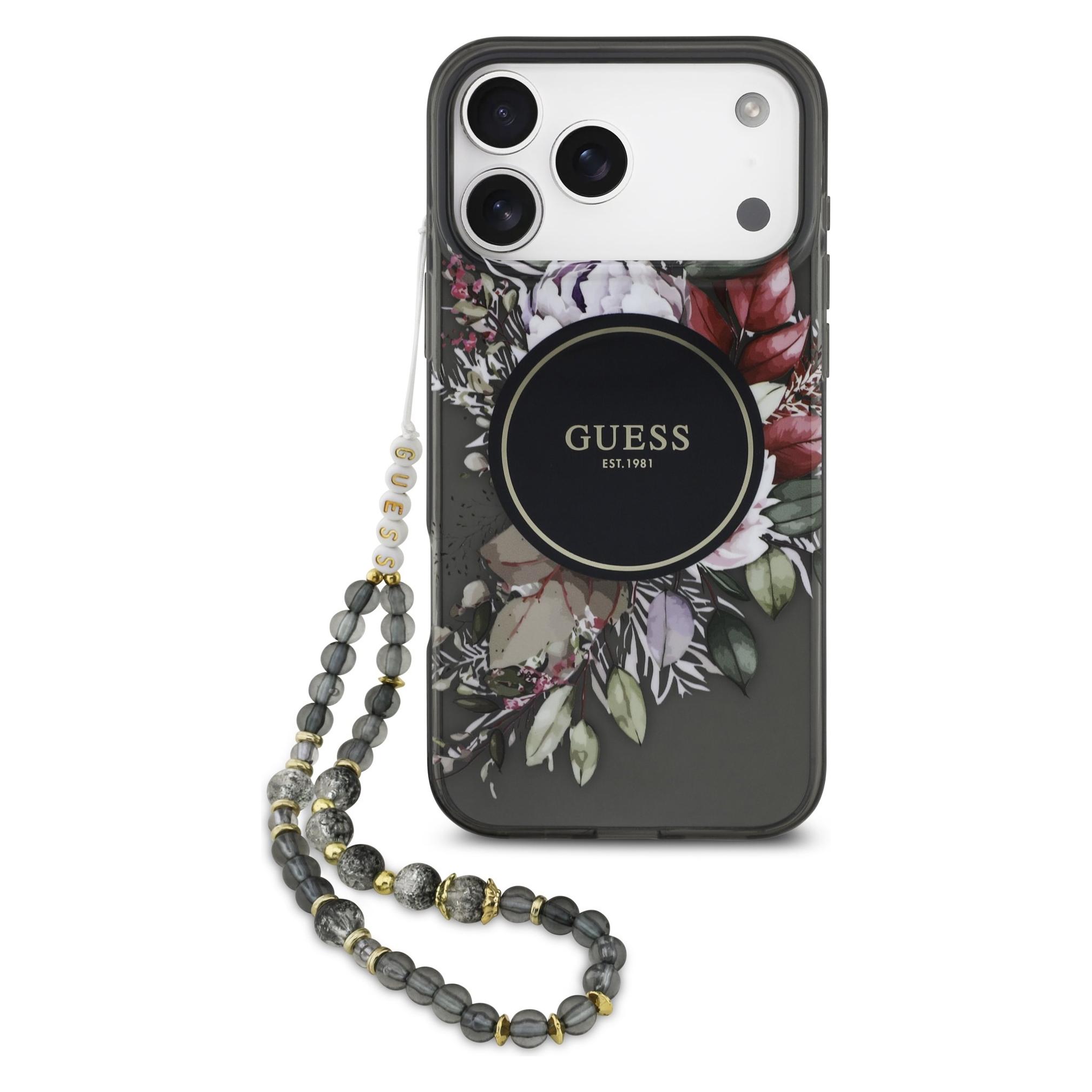 Guess Iml Flowers Strap MagSafe Case Für Apple IPhone 17 Pro Max - Black (Apple IPhone 17 Pro Max), Smartphone Hülle, Schwarz