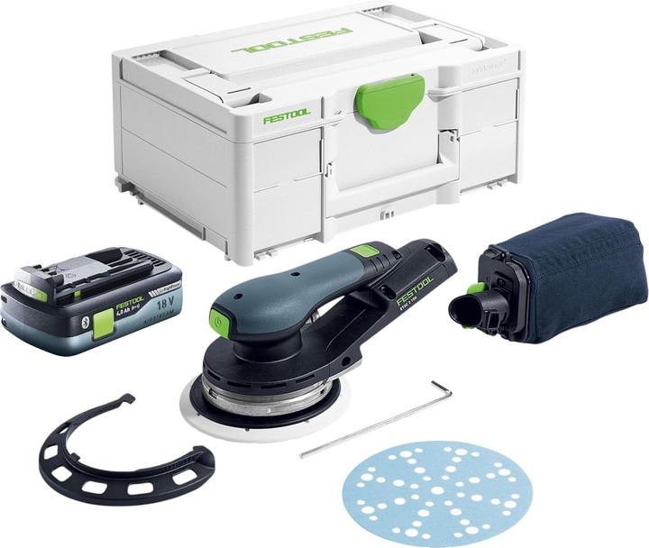 1x Festool ETSC 150 cordless random orbit sander, 1x Protector PR ETSC 2 150, 1x dust bag SB-Longlife ETSC 2, 1x sanding disc FUSION-TEC ST-STF D150, MJ2-M8-W-HT, 1x Festool BP 18 Li 4.0 HPC-ASI 18 V 4.0 Ah battery ( 205034 ), 1x Systainer³ SYS3 M 187