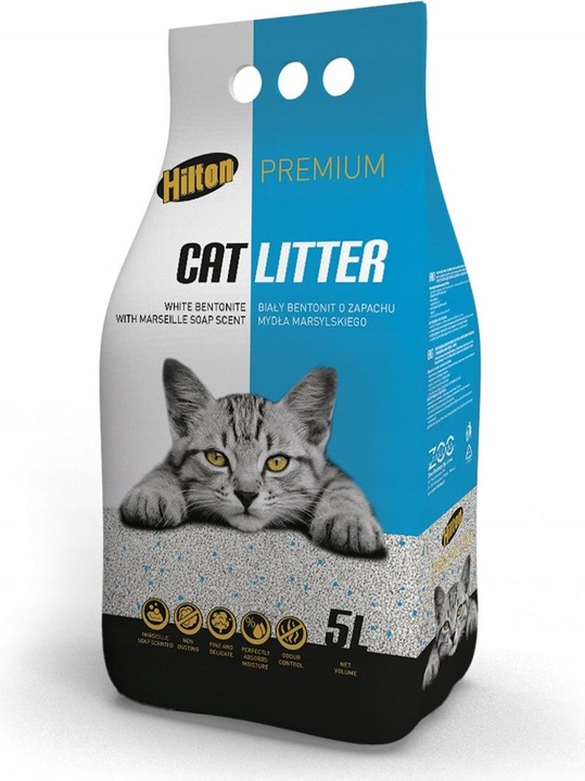 Actual product image Hilton Premium Weisser Bentonit mit dem Duft von Marseiller Seife – Katzenstreu – 5 l (Non-clumping, Non-dusting, 3 kg)