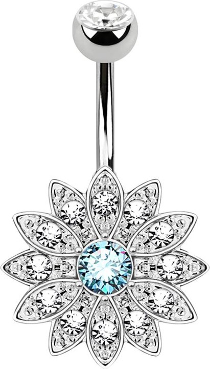 Produktbild Star Piercing Banane silber mit Kugel Kristall silber Blume aqua mit kleinen Kristallen (Messing, Chirurgenstahl 316L)