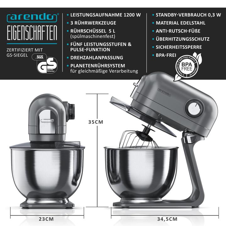 Produktbild Arendo Küchenmaschine, Knetmaschine mit 5L Edelstahlschüssel inkl. 3 Rührwerkzeuge, Rührmaschine mit 1200 W (1200 W)