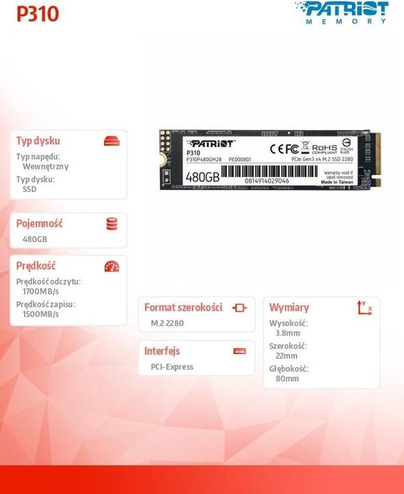 Produktbild Patriot SSD P310 M.2 2280 480GB (480 GB, M.2 2280)