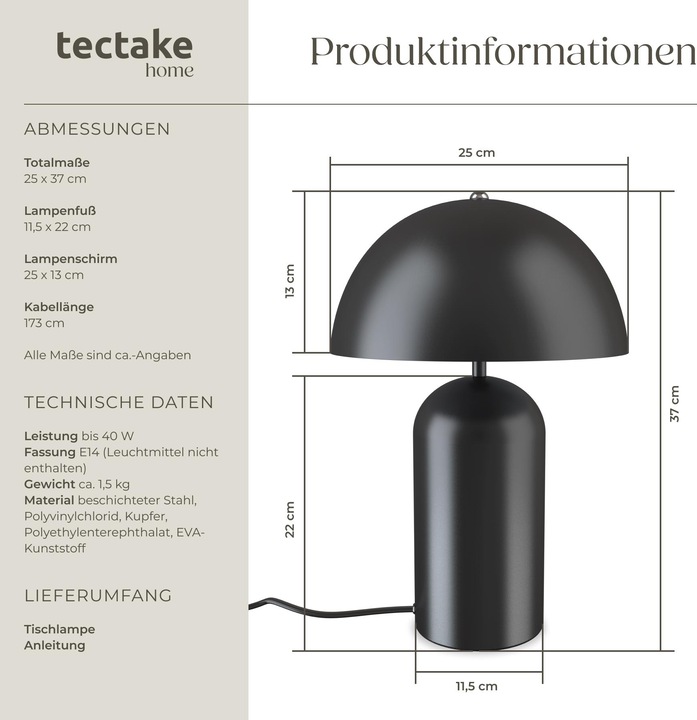 Produktbild tectake Kleine Retro-Tischlampe Altea, Pilzdesign, 40W (E14)