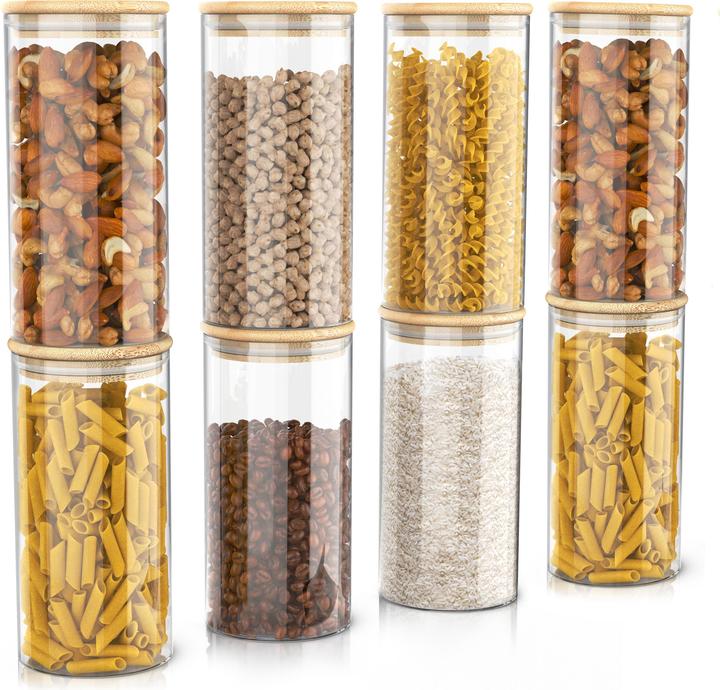 Arendo 8x 1,5 L Vorratsgläser, Glasbehälter 8er Set, Borosilikatglas + Bambusdeckel, Vorratsdosen luftdicht (1.50 l)