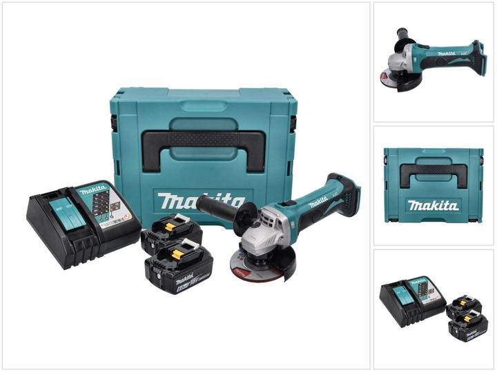 1x Makita DGA 452 Akku Winkelschleifer, 1x Schutzhaube, 1x Seitengriff, 1x Montageschlüssel, 2x Makita BL 1860 B 18 V 6,0 Ah  Akku, 1x Makita DC 18 RC Ladegerät, 1x Makita Makpac, 1x Universaleinlage