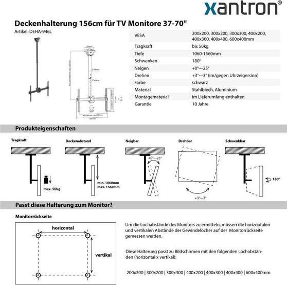 Immagine prodotto Xantron Montaggio a soffitto del monitor girevole (Soffitto, 70", 50 kg)