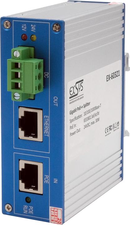 Actual product image Exsys Ethernt PoE++ Splitter 10/100/1000M 802.3bt,24VDC/2A/48W (PoE Splitter)