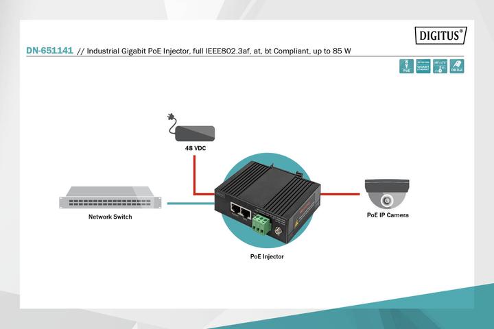 Produktbild Digitus PoE Injektor 1-Port 85W IEEE802.3af, at, bt (802.3af (PoE), 802.3bt (PoE++), 802.3at (PoE+), 85 W)