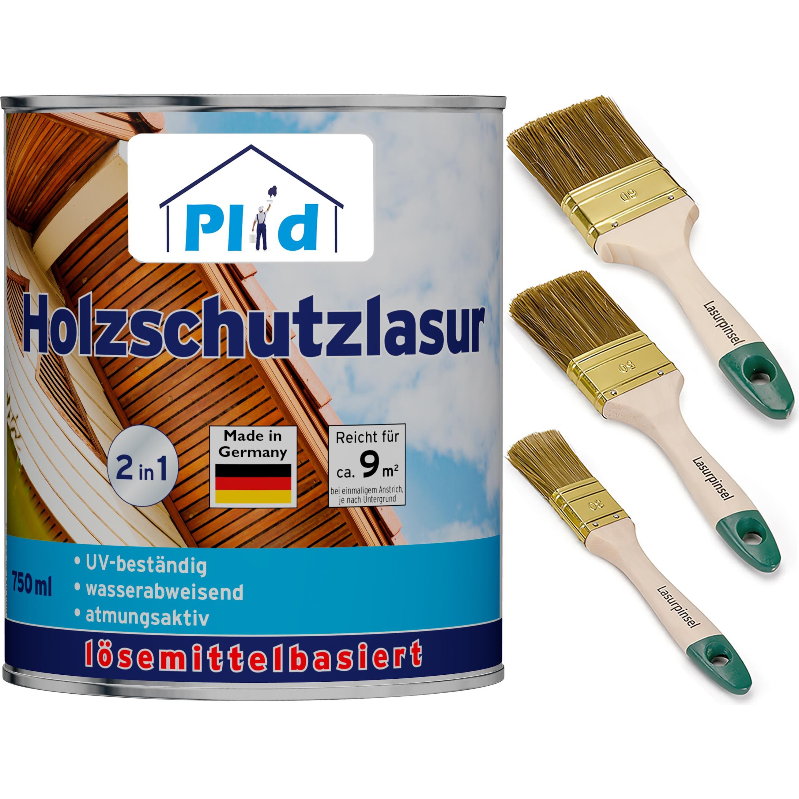 Plid, Holzschutz + Holzpflege, Holzlasur 0,75l für ca. 9m² + Lasurpinselset 3-tlg. /Holzschutzlasur Lasur (Teak, 0.75 l)
