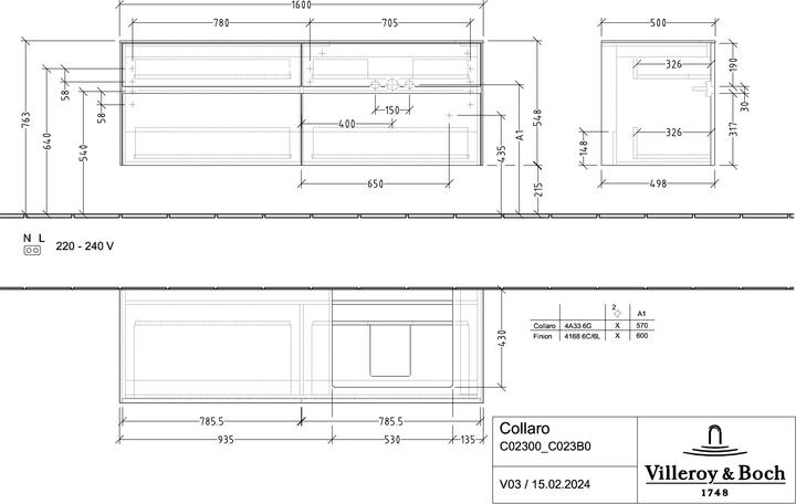 Produktbild Villeroy & Boch Collaro Waschbeckenunterschrank 1600x548x500 mm, 4 Auszüge, für Waschbecken recht
