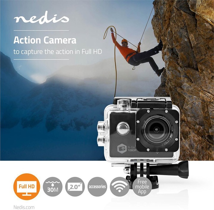 Produktbild Nedis Action Cam 1080p@30fps 12 MPixel Wasserdicht bis: 30.0 m 90 min WLAN App erhältlich für: Andro (30p, WLAN)