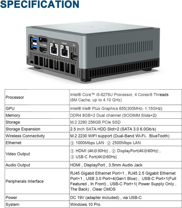 Image du produit Minisforum U820 Mini PC (i5-8279U, 16GB Ram, 256GB SSD)