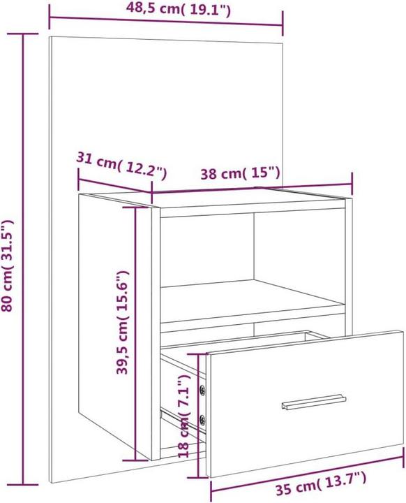 Immagine prodotto vidaXL Wand-Nachttisch (48.50 x 32.50 x 80 cm)