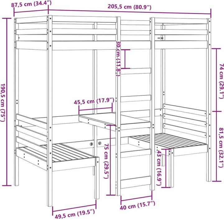 Image du produit vidaXL Lit superposé avec bureau & chaises (80 x 200 cm)