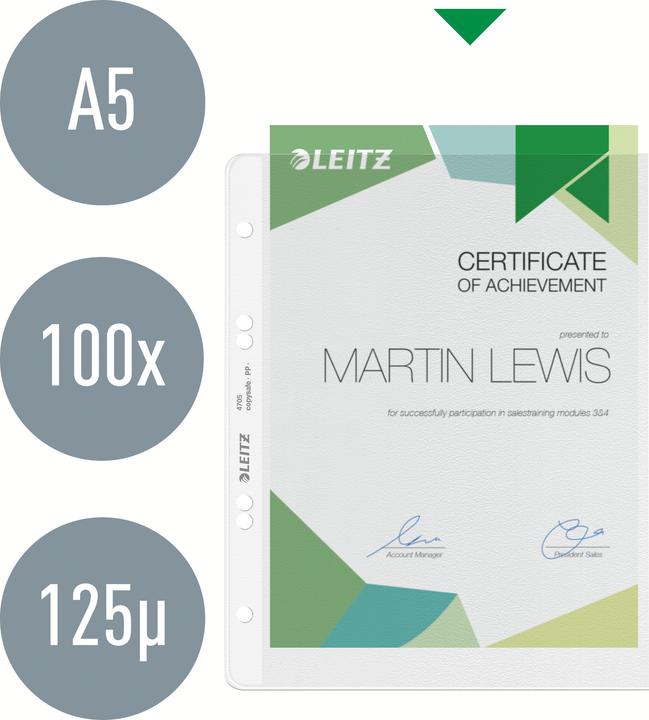 Actual product image Leitz Brochure sleeve extra strong, A5, PP, grained, 0,13 mm open top, document-proof, punching: 80-80- (A5, 100x)