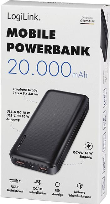 Produktbild LogiLink Powerbank 20.000 mAh, schwarz (20000 mAh, 20 W)