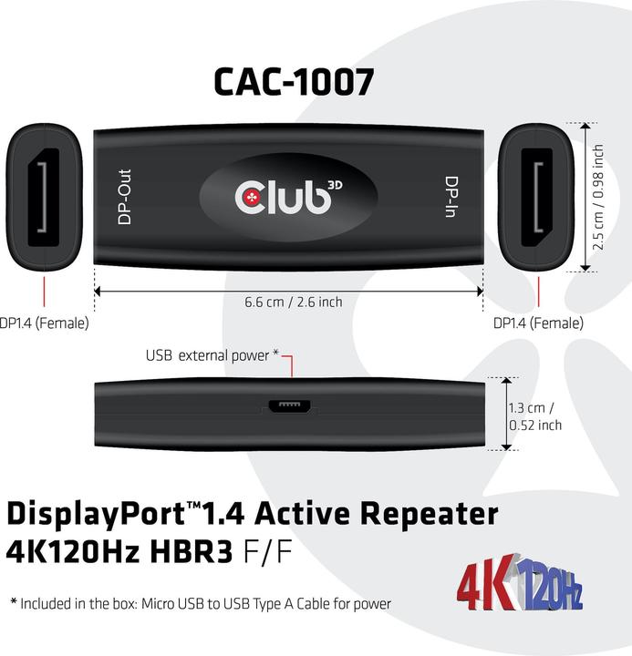 Productafbeelding Club 3D DisplayPort 1.4 actieve repeater (USB 2.0, 2.50 cm)