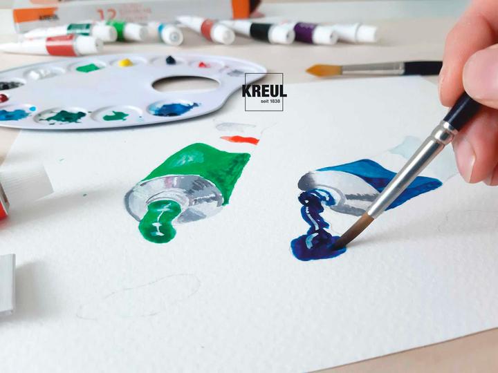 Produktbild Kreul el Greco Gouachefarben (Schwarz, Siena gebrannt, Coelinblau, Ockergelb, Chromoxidgrün, Brillantviolett, Zinnengelb, Karminrot, Preussischblau, Hellgrün, Titanweiss, Zitronengelb, 144 ml)