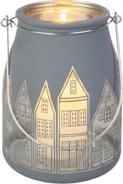 Sandra Rich Windlicht - Laterne mit Henkel - Häuser - grau - ca. 13 x 15 cm