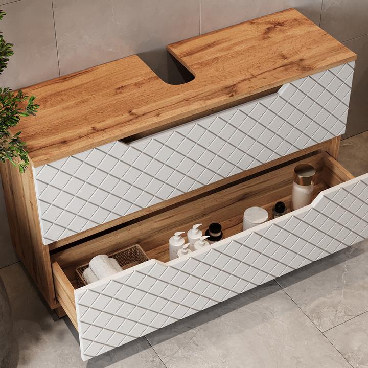 Actual product image Vicco Waschbeckenunterschrank Lotta, Eiche/Weiss mit Kachelstruktur, 99.4 x 62.5 cm mit 2 Schubladen (99.40 x 32 x 62.50 cm)