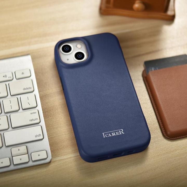 Actual product image iCarer CE Premium Leather Folio Case for iPhone 14 Plus Magnetic Flip Leather Folio Case MagSafe Blu (Apple iPhone 14 Plus)