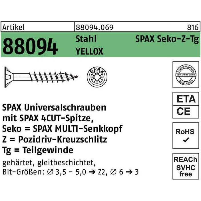 Spax, Schrauben, Schraube R 88094 Senkkopf m.Spitze/Kreuzschl.-PZ 4,5 x 50/32-Z Stahl galvanisch verzinkt gelb (500 Schr...