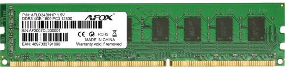 Produktbild AFOX DDR3 1600 UDIMM Speichermodul GB (1 x 4GB, 1600 MHz, DDR3-RAM, DIMM)