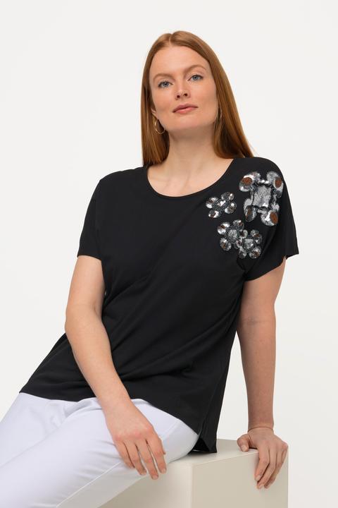 Image du produit Ulla Popken T-shirt oversize à col rond et manches courtes, fleurs à paillettes (50, 52)