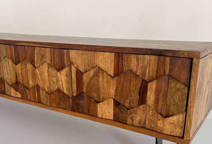 Produktbild FineBuy Lowboard TV Board Sheesham Massivholz 160 cm 3D Fronten & Metallbeine (160 x 35 x 40 cm)