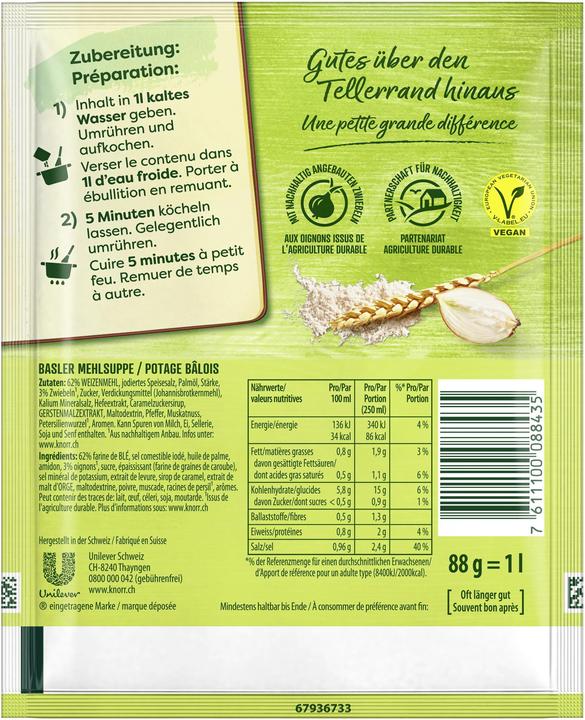 Valori nutrizionali e ingredienti Knorr Sacchetto di zuppa di farina Basler, zuppa di farina cremosa come l'originale di Basilea, facile da