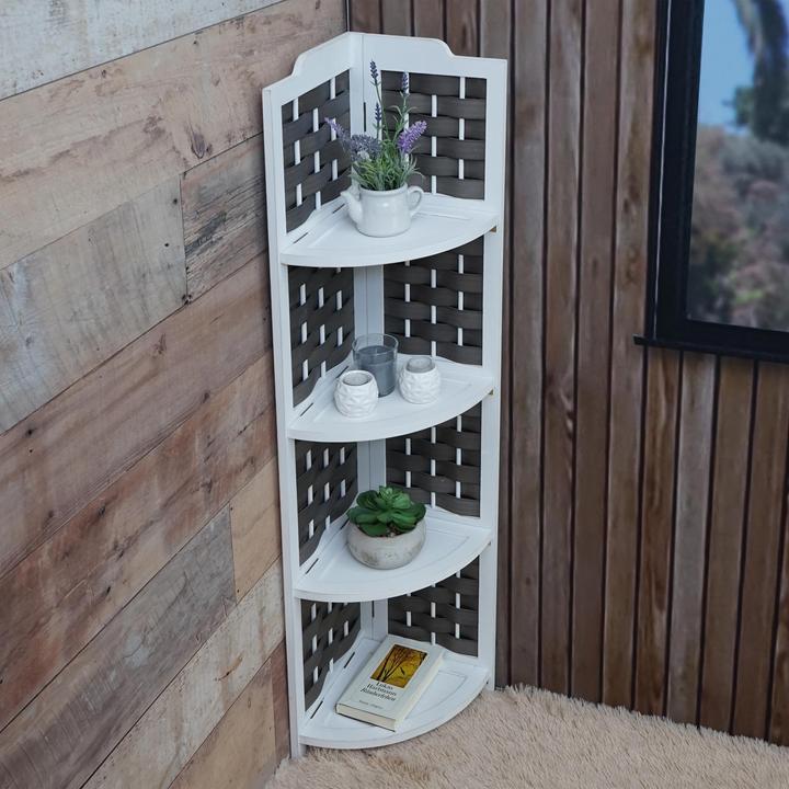 Image du produit Mendler Etagère d'angle HWC-K85, pliable 4 étagères, bois 110cm - blanc, tressage anthracite (110 x 28 x 28 cm)