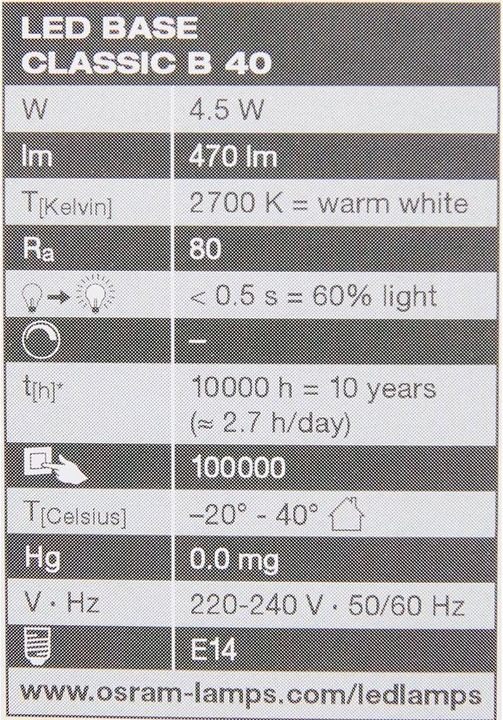 Nährwerte und Zutaten Osram Led Base Classic B (E14, 4 W, 470 lm, 3 x, E)